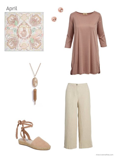 a spring outfit in beige and dusty rose