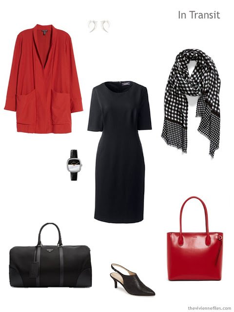 business travel outfit in black and red