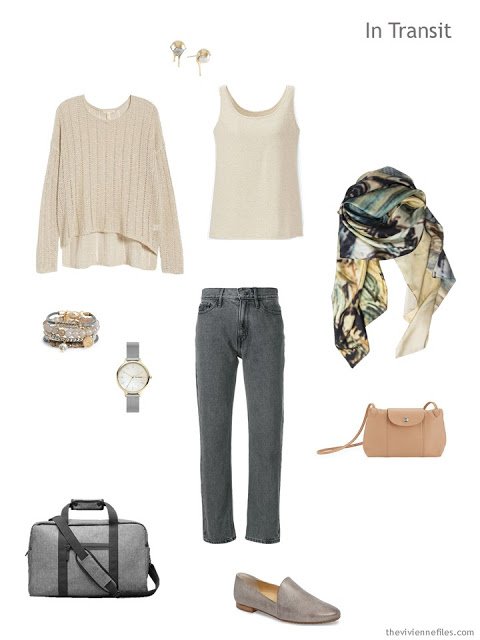 casual travel outfit in beige and grey