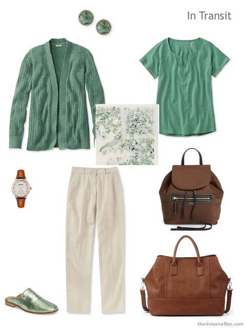 travel outfit in green and khaki