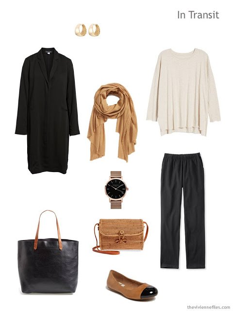 Spring travel outfit in ivory and black with camel accents