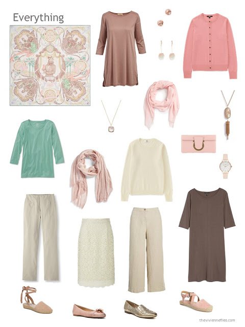 capsule wardrobe in beige and brown with green and rose accents