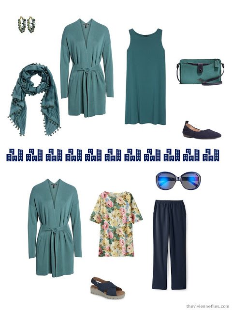 2 outfits from a springtime Tote Bag Travel wardrobe in navy and teal