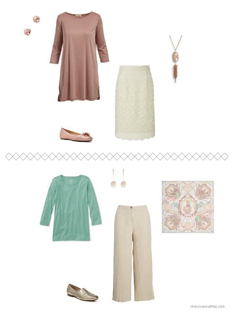 2 new outfits from a capsule wardrobe in beige and brown with green and rose accents
