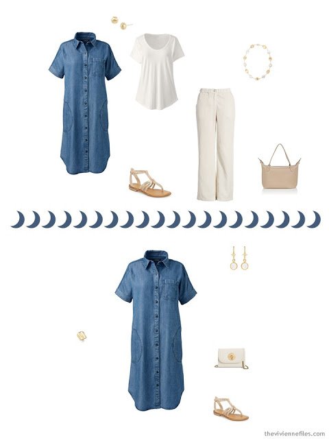 2 outfits from a Tote Bag Travel capsule wardobe in ivory, chambray and apricot