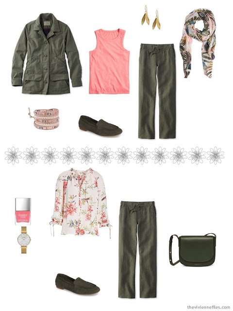 2 ways to wear olive linen pants from a travel capsule wardrobe