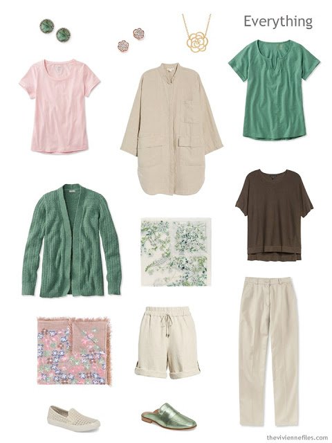 Travel capsule wardrobe in beige, green, brown and pink