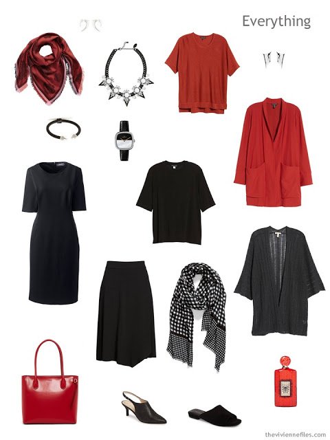 Tote Bag Travel capsule wardrobe in black, grey and red