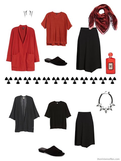 2 outfits from a Tote Bag Travel capsule wardrobe in black, grey and red