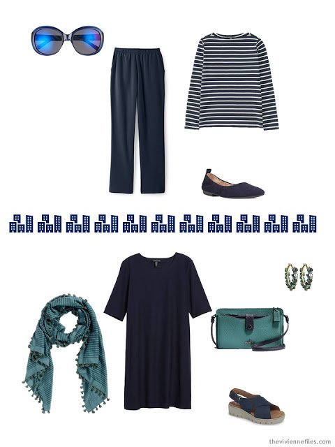 2 outfits from a springtime Tote Bag Travel wardrobe in navy and teal