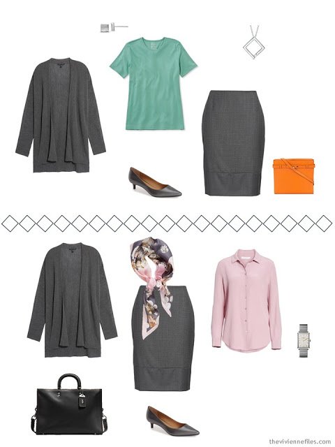 2 ways to wear a grey skirt from a Tote Bag Travel wardrobe