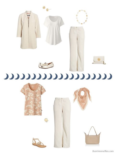 2 outfits from a Tote Bag Travel capsule wardobe in ivory, chambray and apricot