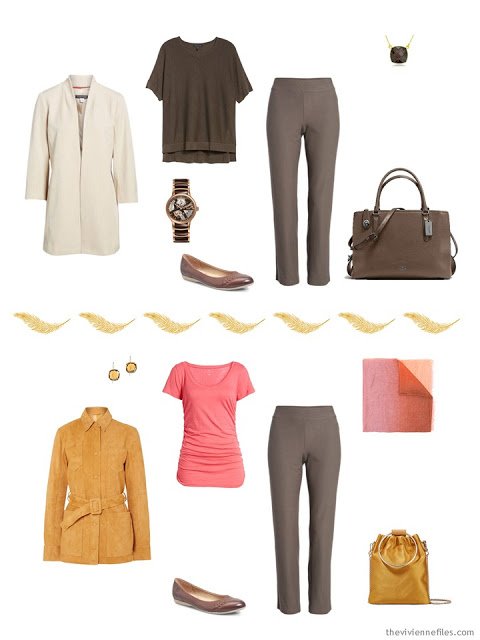 2 ways to wear brown pants from a Tote Bag Travel capsule wardrobe