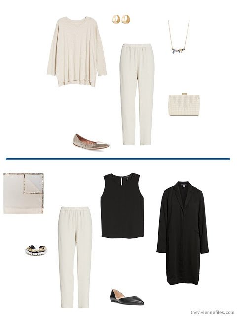 2 ways to wear ivory silk pants from a Tote Bag Travel capsule wardrobe