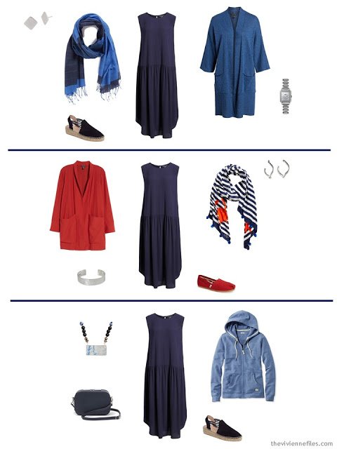 3 ways to wear a navy dress from a Tote Bag Travel capsule wardrobe