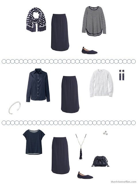 2 ways to wear a navy skirt from a Tote Bag Travel capsule wardrobe in navy and white