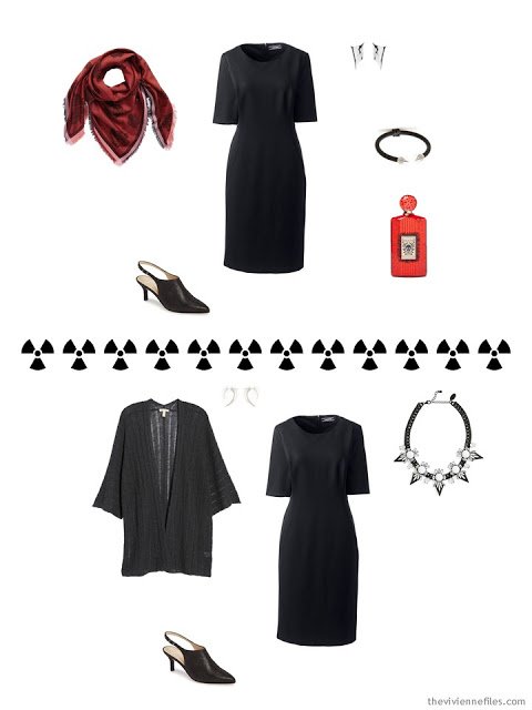 2 outfits from a Tote Bag Travel capsule wardrobe in black, grey and red