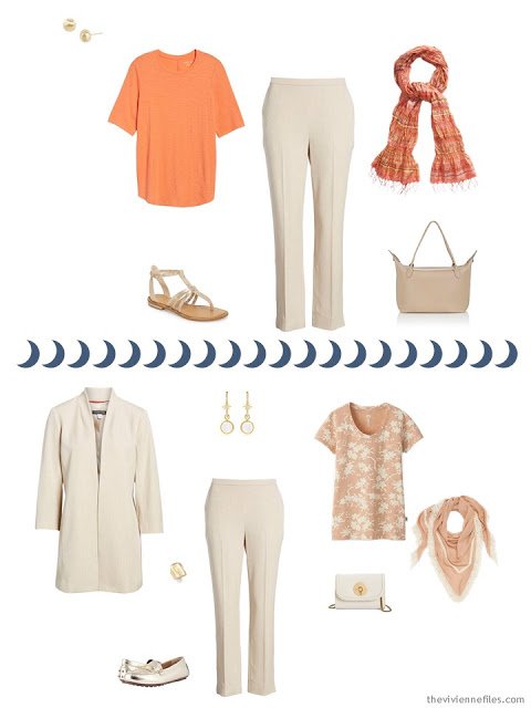 2 outfits from a Tote Bag Travel capsule wardobe in ivory, chambray and apricot