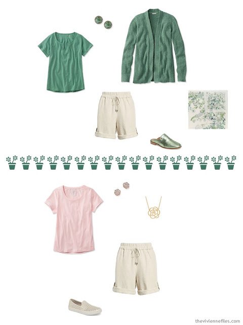 2 ways to wear khaki shorts from a travel capsule wardrobe