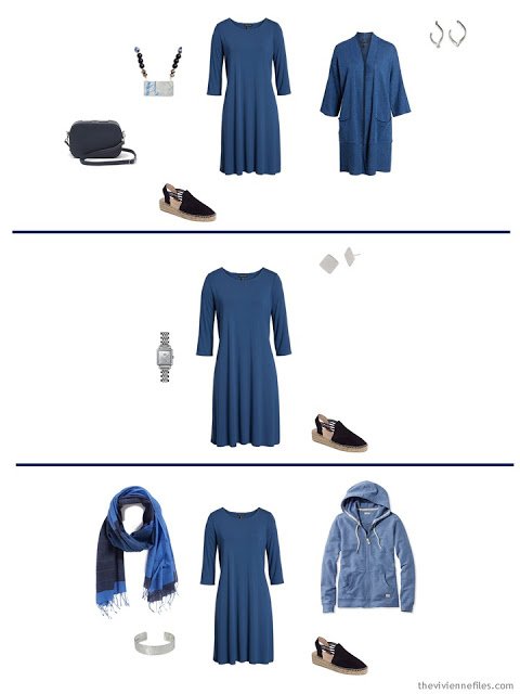 3 ways to wear a blue dress from a Tote Bag Travel capsule wardrobe