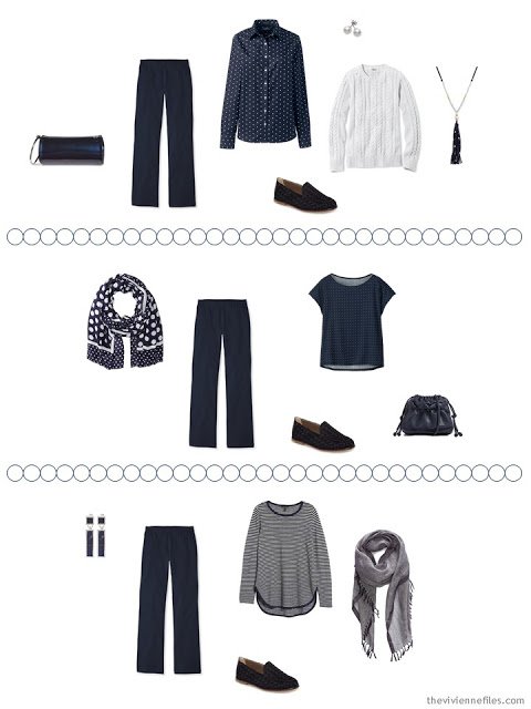 2 ways to wear navy pants from a Tote Bag Travel capsule wardrobe in navy and white