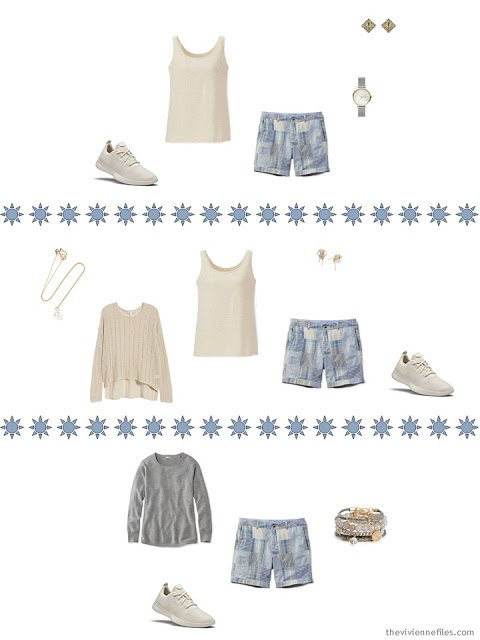 3 ways to wear patchwork shorts from a Tote Bag Travel Wardrobe