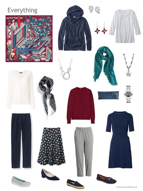 a capsule wardrobe in navy and grey with red and teal accents