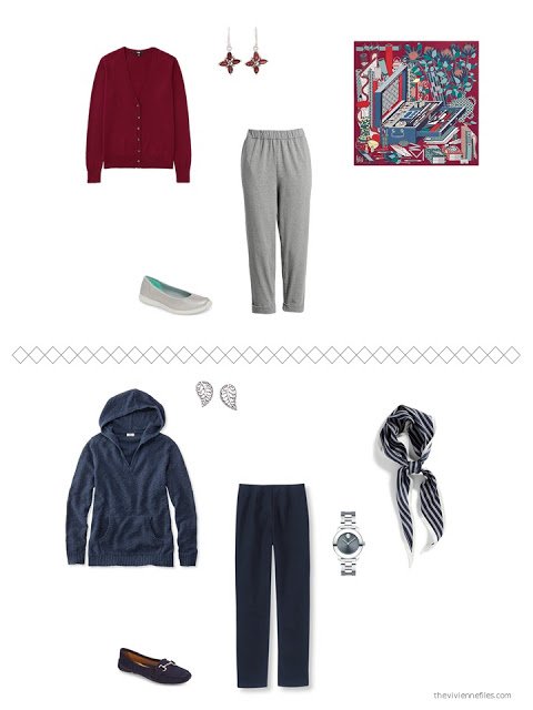 2 outfits from a capsule wardrobe in navy and grey with red and teal accents