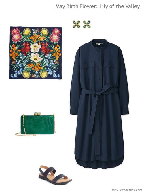 navy dress with spring floral accessories