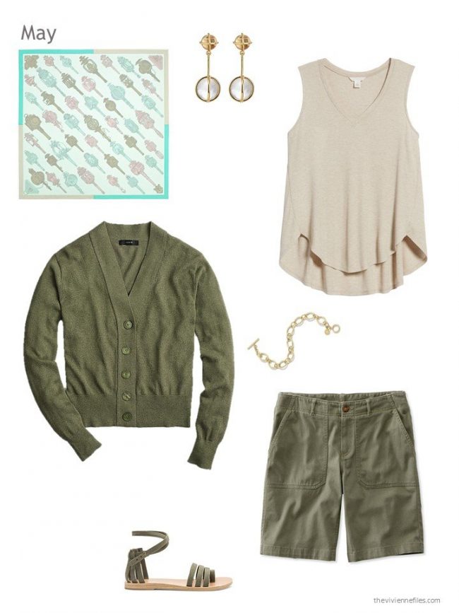 warm weather outfit in olive green and beige