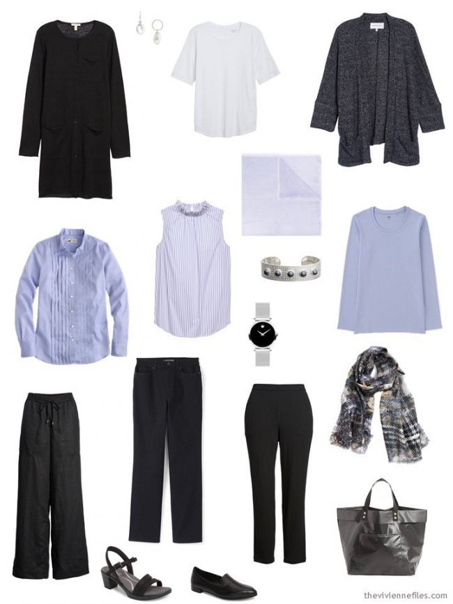a 9-Piece Travel Capsule Wardrobe in black, white and lavender