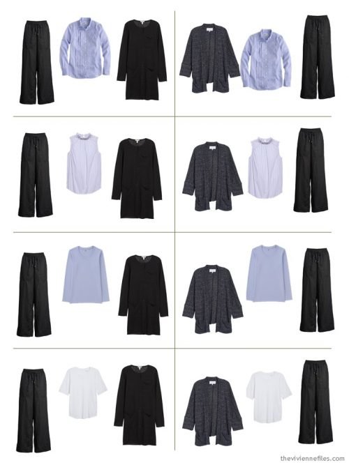 8 outfits from a 9-piece travel capsule wardrobe in black, lilac and white