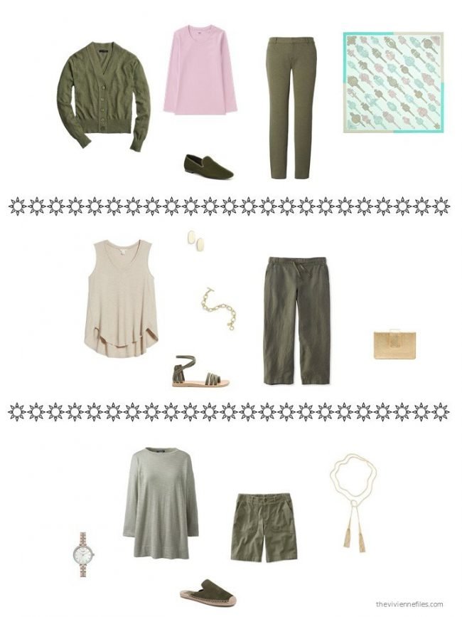 3 utfits from an olive, beige and pink capsule wardrobe