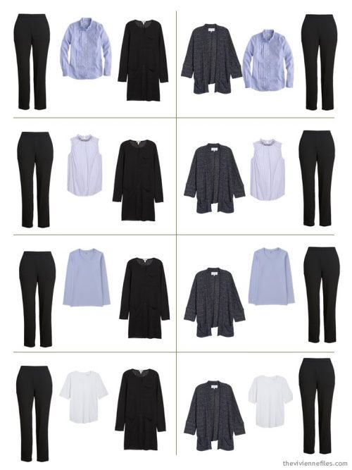 8 outfits from a 9-piece travel capsule wardrobe in black, lilac and white