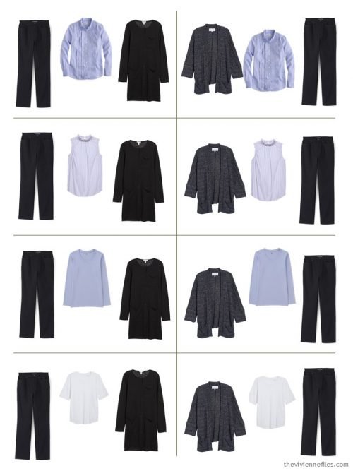 8 outfits from a 9-piece travel capsule wardrobe in black, lilac and white