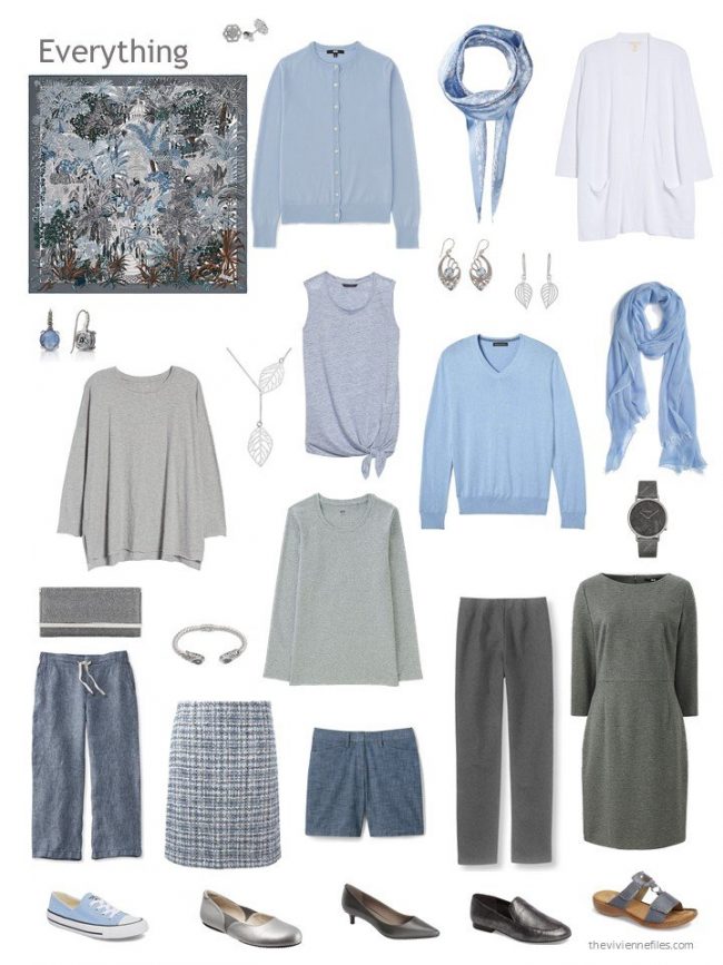 capsule wardrobe in grey and blue based on Hermes Jardin a Sintra