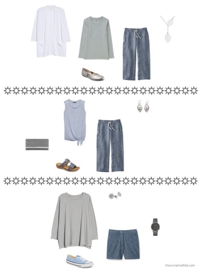 3 outfits from a capsule wardrobe in blue and grey