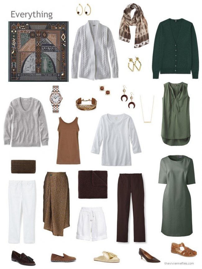 capsule wardrobe in grey, green, brown and white