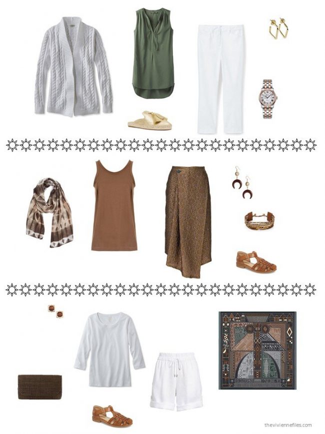 3 outfits from a capsule wardrobe in brown, green, grey and white