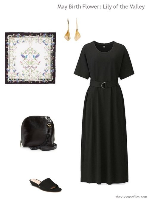 black dress with floral accessories