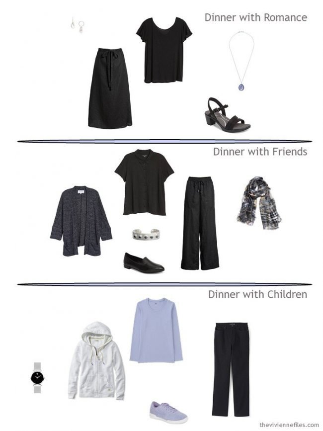 three dinner outfits from a 15-piece Travel Capsule Wardrobe