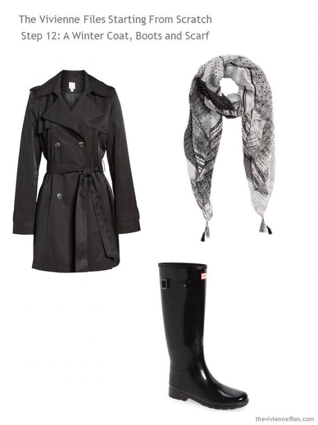 Adding a rain jacket, rubber boots and a scarf to a Step by Step Wardrobe