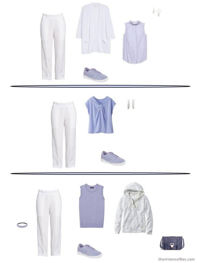 3 outfits with white linen pants from a capsule wardrobe