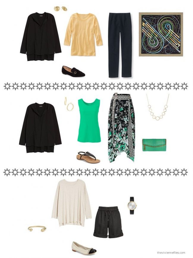 3 outfits from a black and green capsule wardrobe