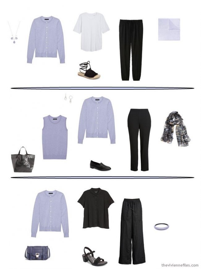 3 outfits including a lavender cardigan from a capsule wardrobe