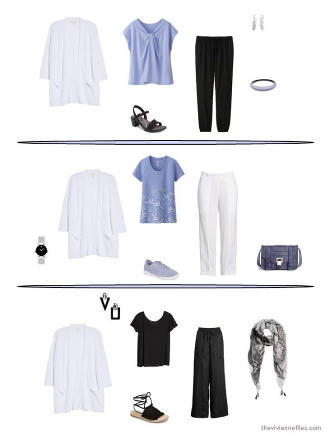 3 outfits including a white cardigan from a capsule wardrobe