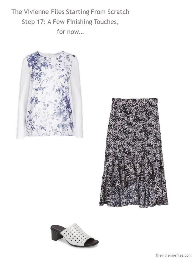 adding a print top, print skirt and sandals to a Starting from Scratch Wardrobe