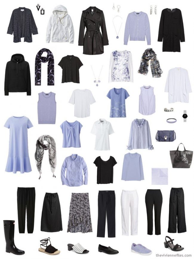 Final capsule wardrobe in black, white and lavender