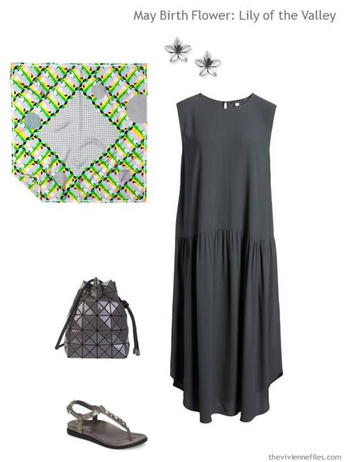 grey dress with green and grey accessories