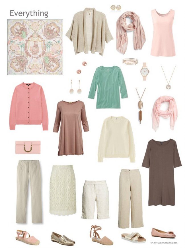 capsule wardrobe in beige with blush and green, based on Hermes Horsawards